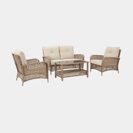 Wicker patio furniture set with beige cushions, outdoor sofa and chairs, modern rattan design