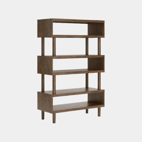 Modern wooden bookshelf with staggered shelves, ideal for living room or home office decor