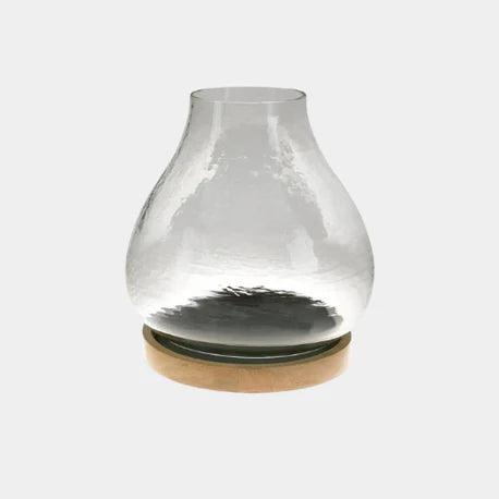 Clear glass vase with wooden base, modern home decor accent piece