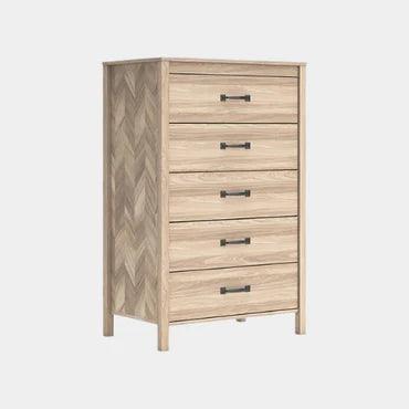 Modern wooden dresser with chevron pattern and black handles, ideal for bedroom storage