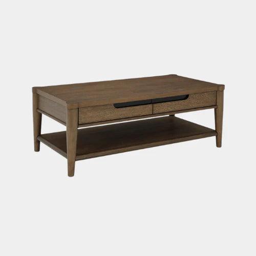 Modern wooden coffee table with drawer and lower shelf, ideal for living room furniture