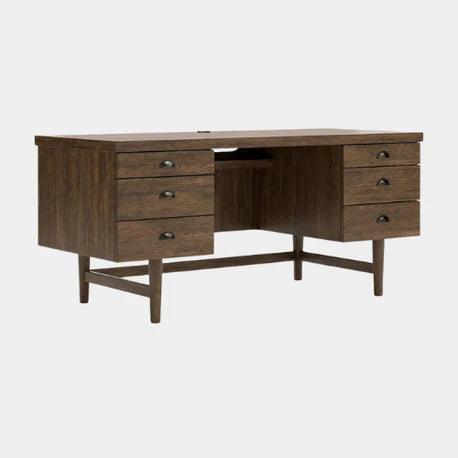 Mid-century modern wooden desk with six drawers and sleek legs, ideal for home office or study space.