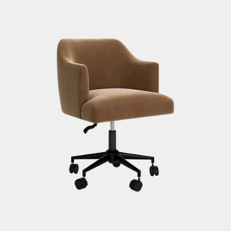 Modern brown velvet office chair with black swivel base and casters for home or workspace