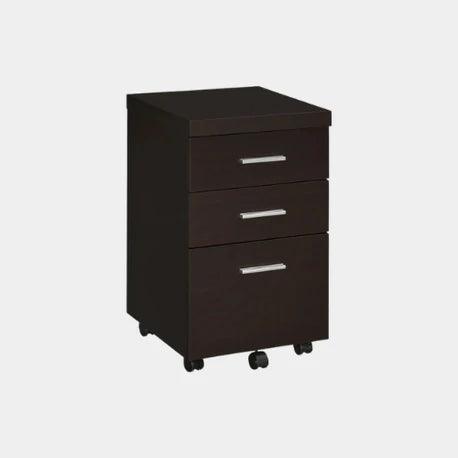Dark wood mobile file cabinet with 3 drawers and casters, modern home office storage