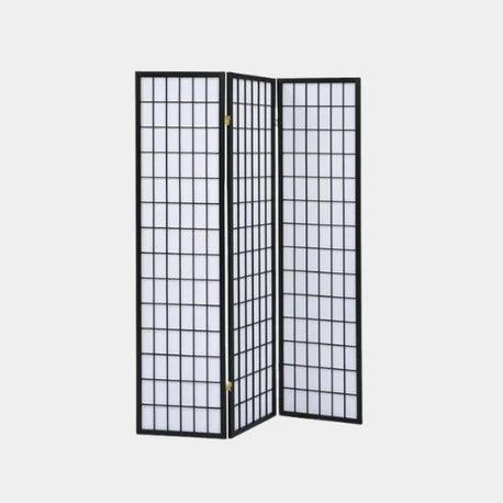 Black-framed 3-panel room divider with grid design, modern home decor screen