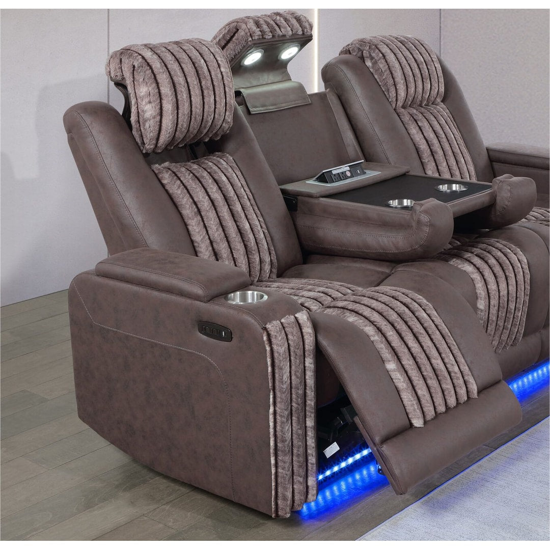 Brown U8000 power reclining sofa reclined, with the drop-down table and reading lights in use