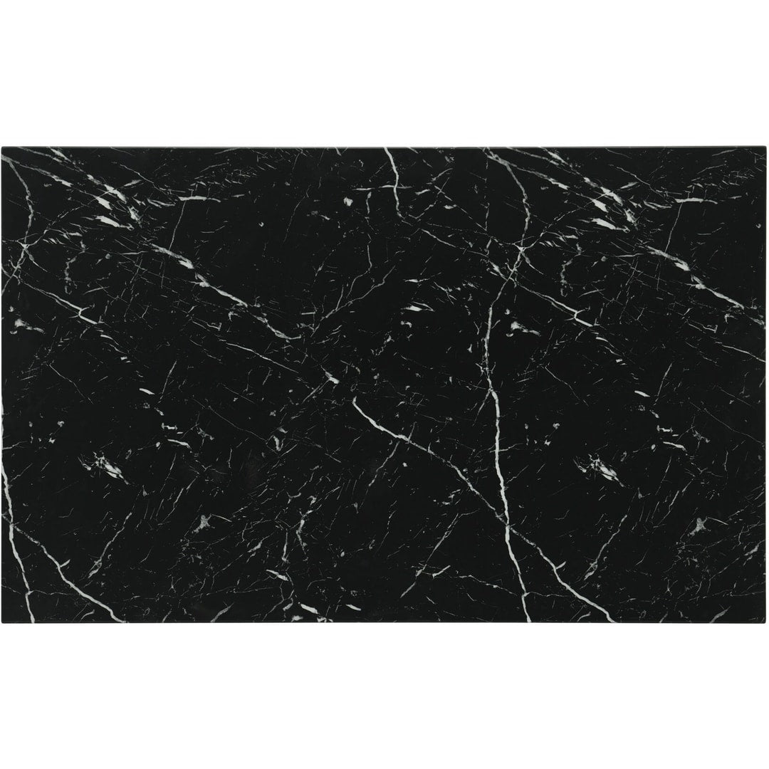 Close-up of the black marble-look melamine tabletop showing its fine white veining
