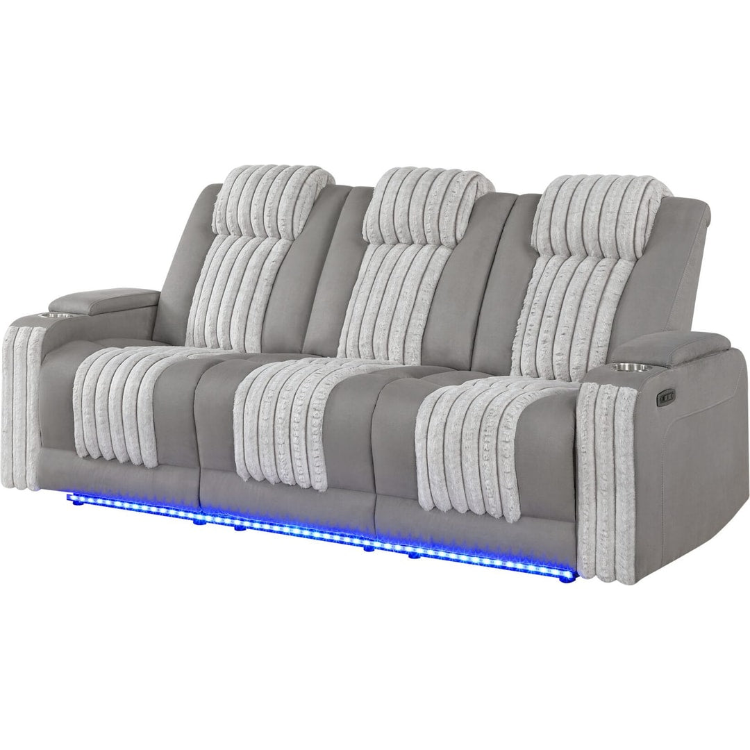 Gray U8000 power reclining sofa, angled view, with blue LED base lighting