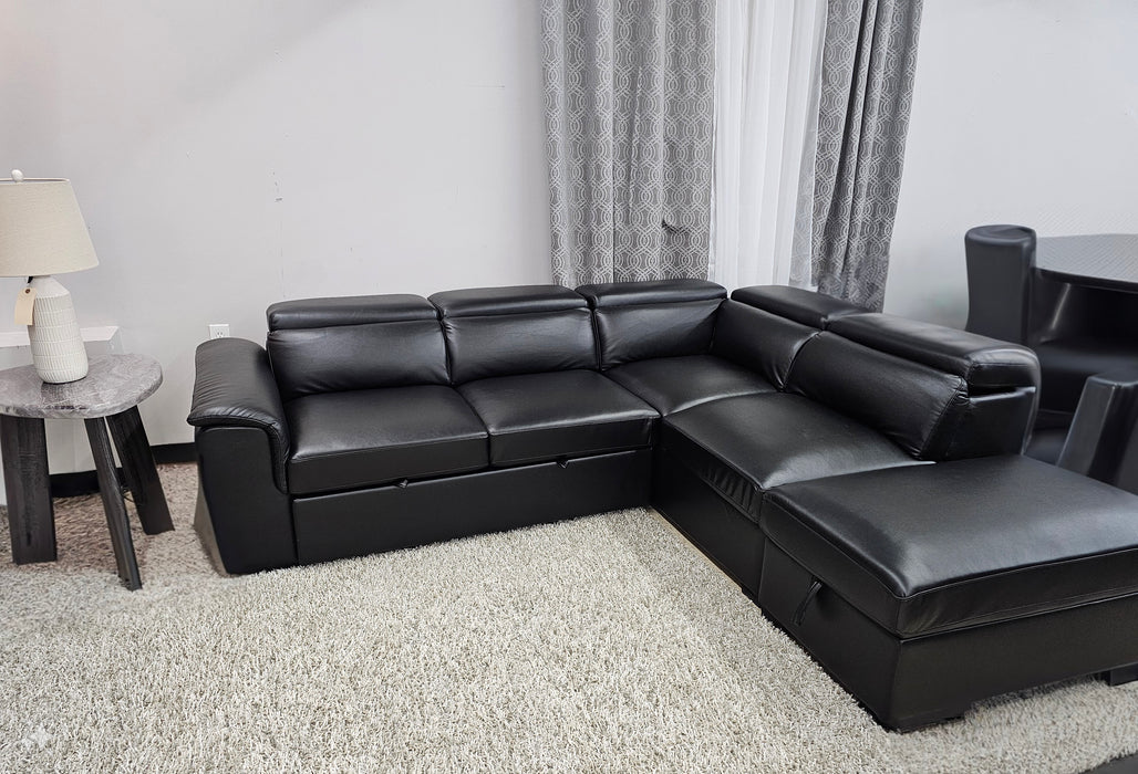 Raffaello Sectional with Pullout Sleeper Black Faux Leather