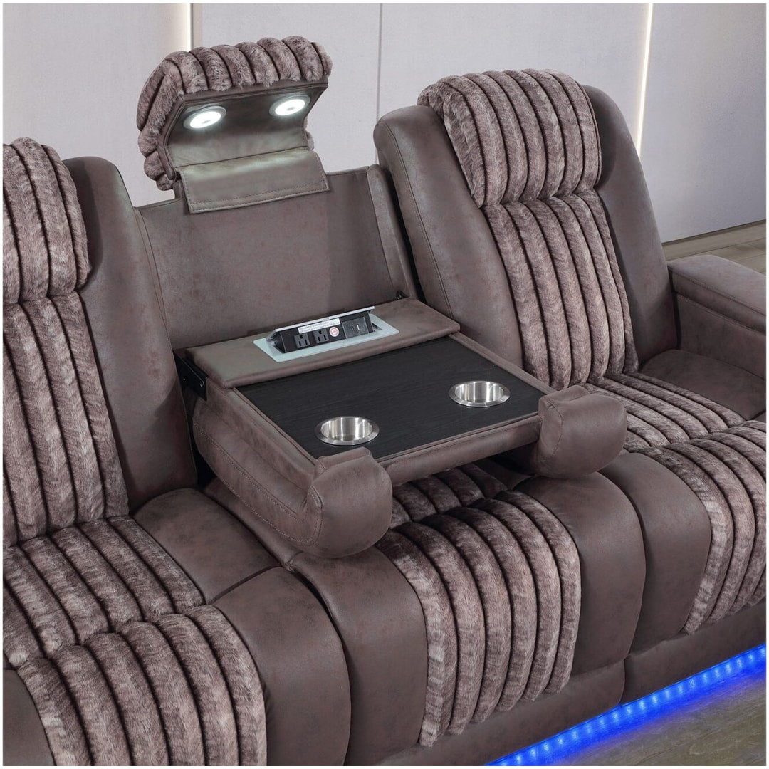 Brown U8000 sofa drop-down table lowered between the seats, with reading lights above