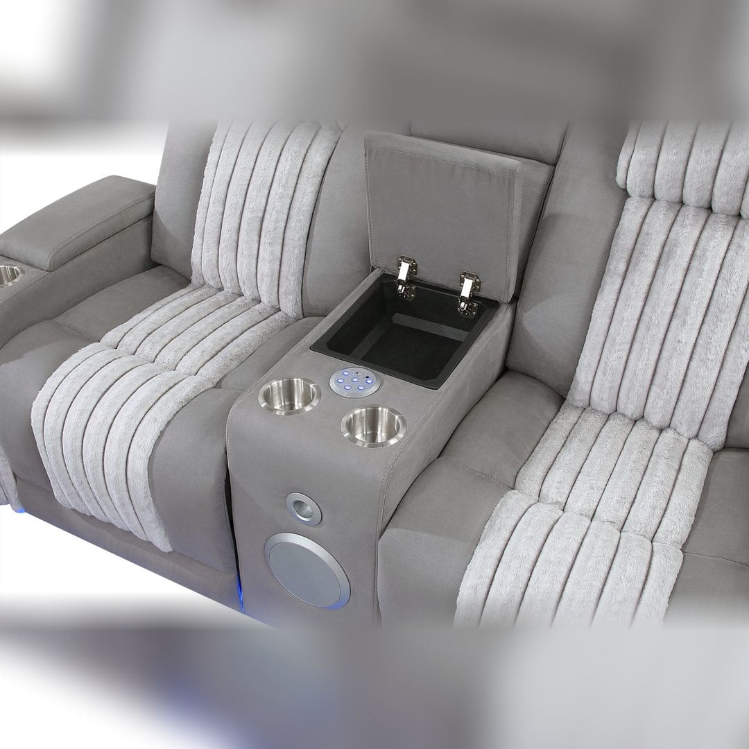 Gray U8000 loveseat console open, showing storage, cupholders and the built-in Bluetooth speaker