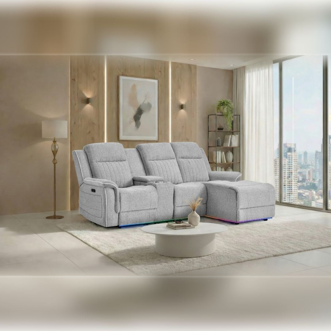 U8879 light grey chenille power reclining sectional with right-facing chaise and blue LED base lighting in a modern living room