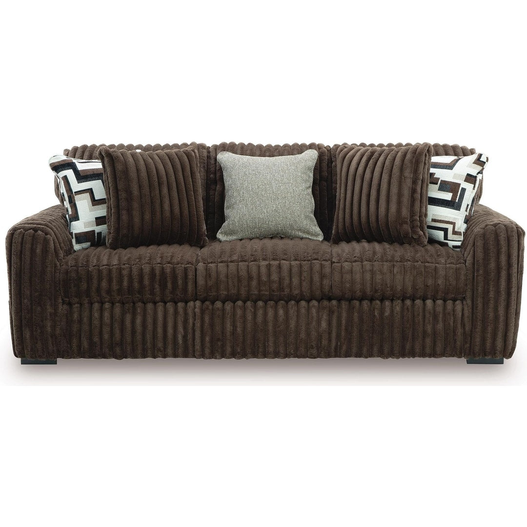 Midnight Madness sofa in Chocolate jumbo corduroy, straight-on front view showing the wide-wale ribbing