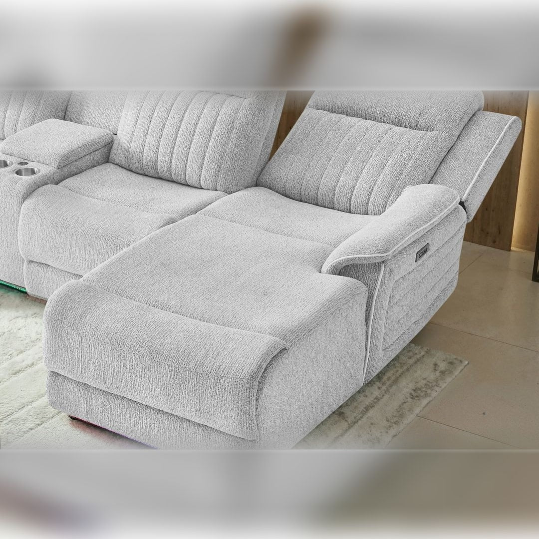 Close-up of the U8879 power pushback chaise and channel-stitched backs in light grey chenille