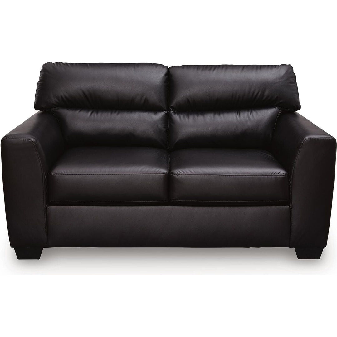 Gavello loveseat in Midnight faux leather, straight-on front view showing the tailored back cushions