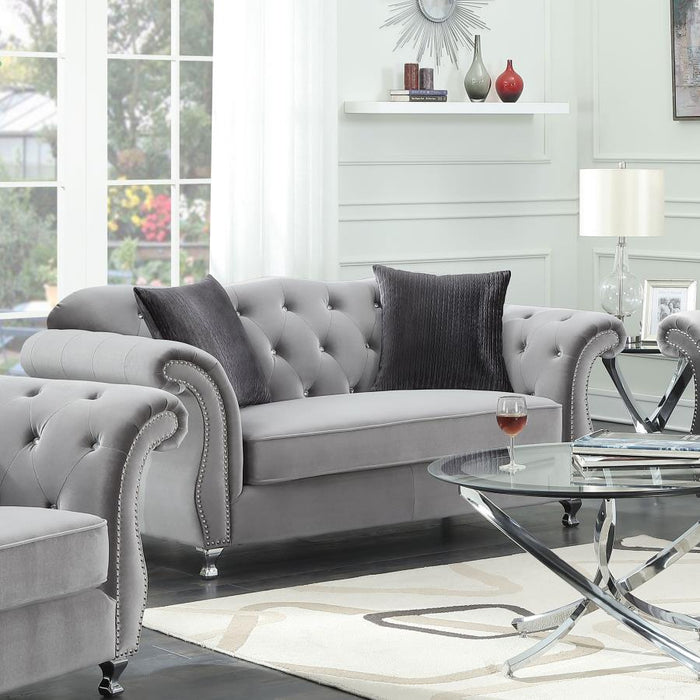 Frostine Upholstered Tufted Loveseat Silver