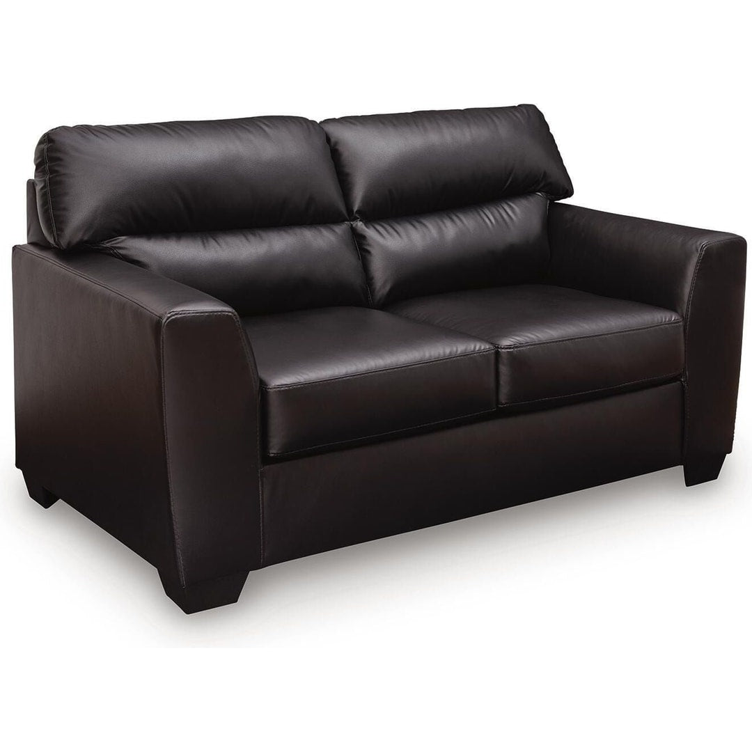 Gavello loveseat in Midnight faux leather, three-quarter front view on a white background