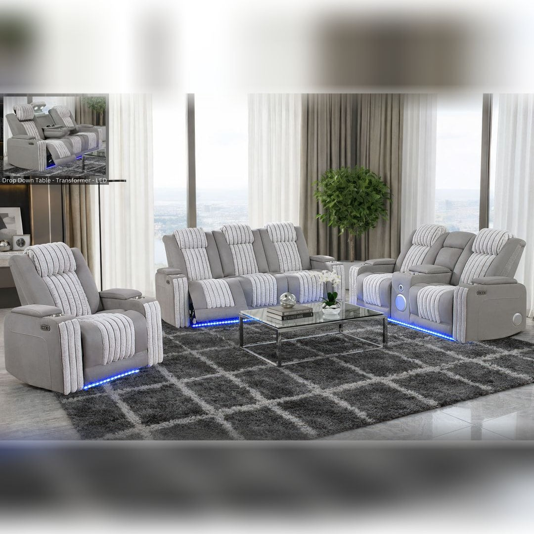 Gray U8000 power console reclining loveseat shown with the matching sofa and recliner (sold separately) in a bright living room