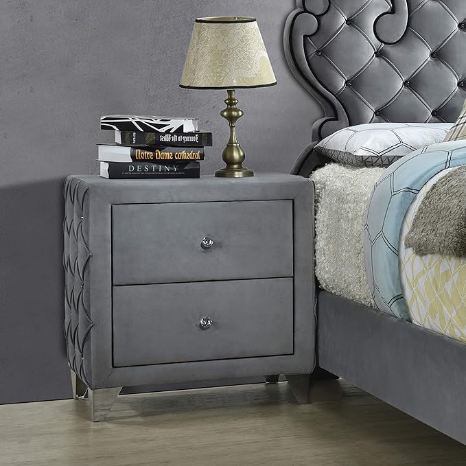 Sandboard Button Tufted Grey Nightstand