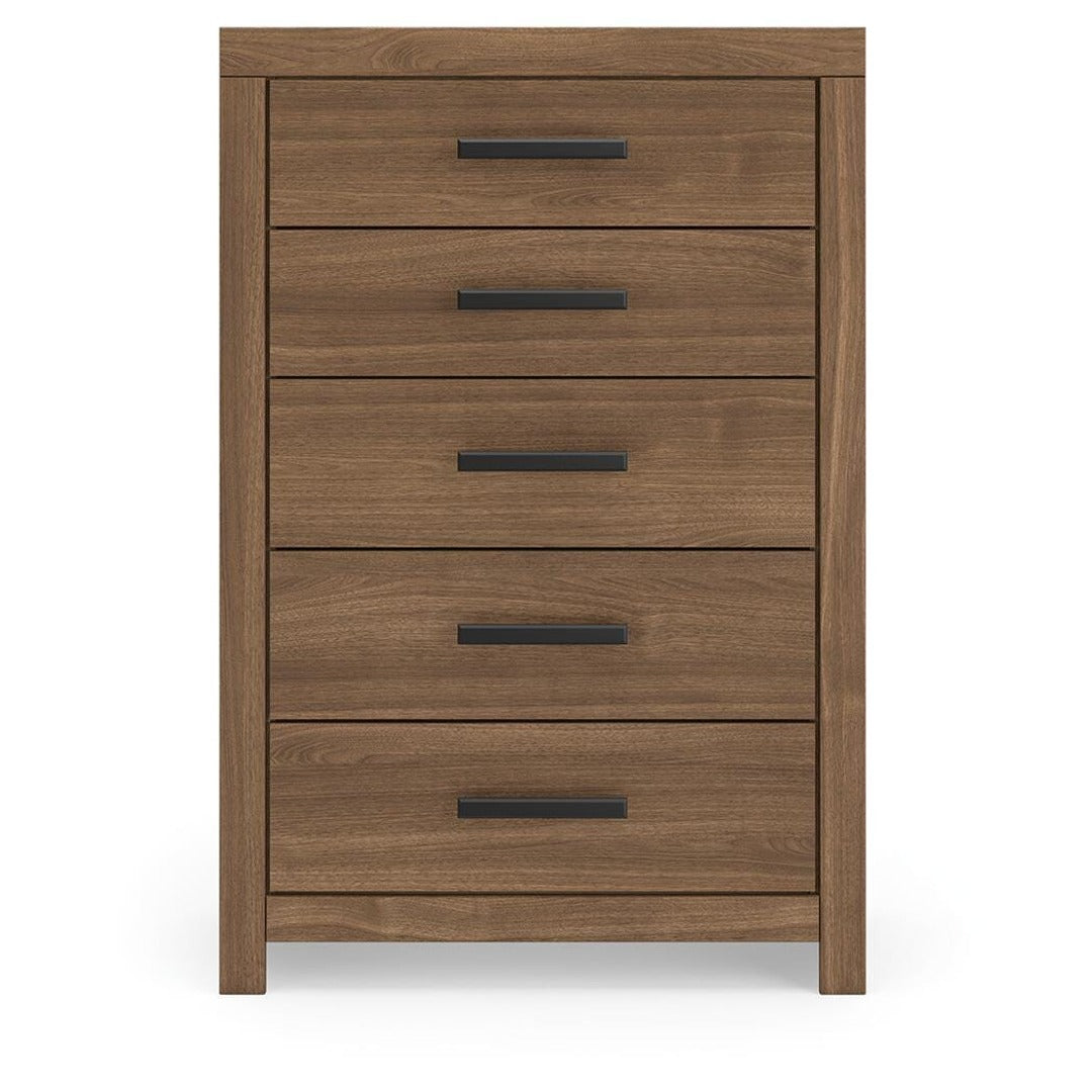 Broachmyn Five Drawer Chest front view – auburn finish over replicated wood grain with black pulls