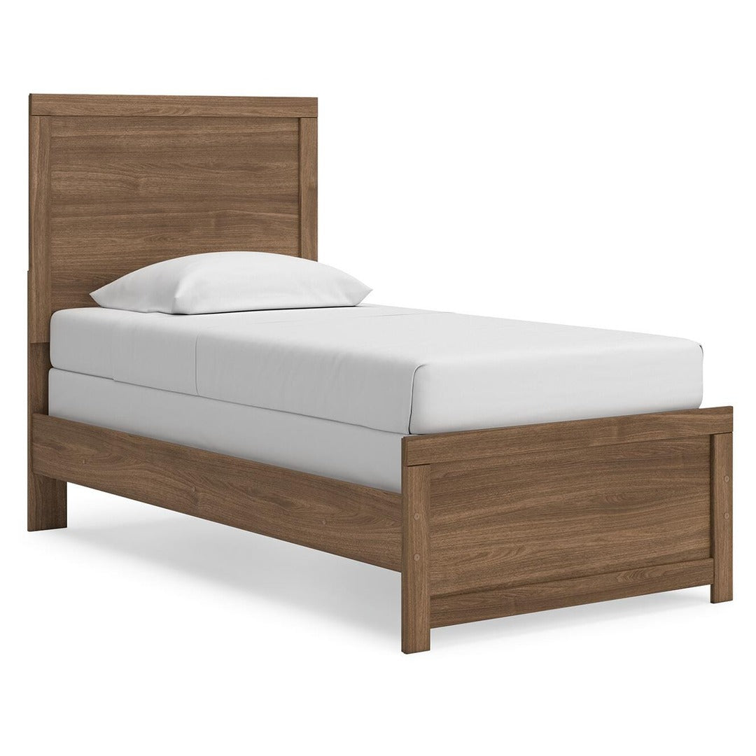 Broachmyn Twin Panel Bed – side angle view highlighting the full bed frame with panel headboard, footboard and rails in auburn finish
