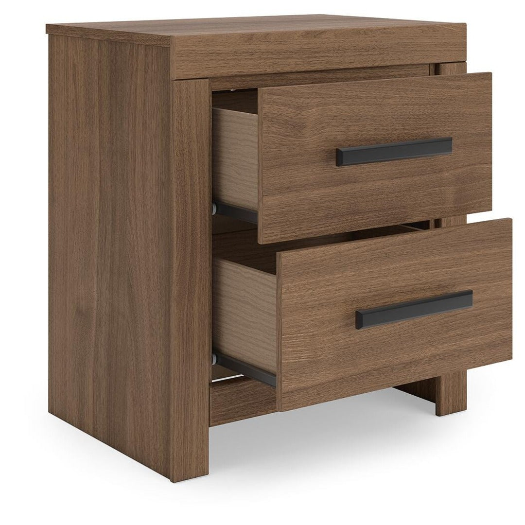 Broachmyn Two Drawer Night Stand with drawers open – showing interior storage depth and smooth-glide mechanism in auburn finish