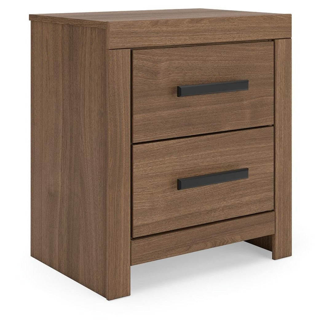 Broachmyn Two Drawer Night Stand – angled view showing warm auburn finish over replicated wood grain with black bar handles