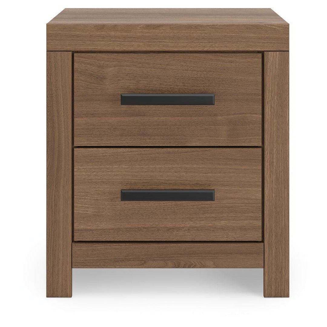 Broachmyn Two Drawer Night Stand front view – auburn finish over replicated wood grain with large-scale black bar handles