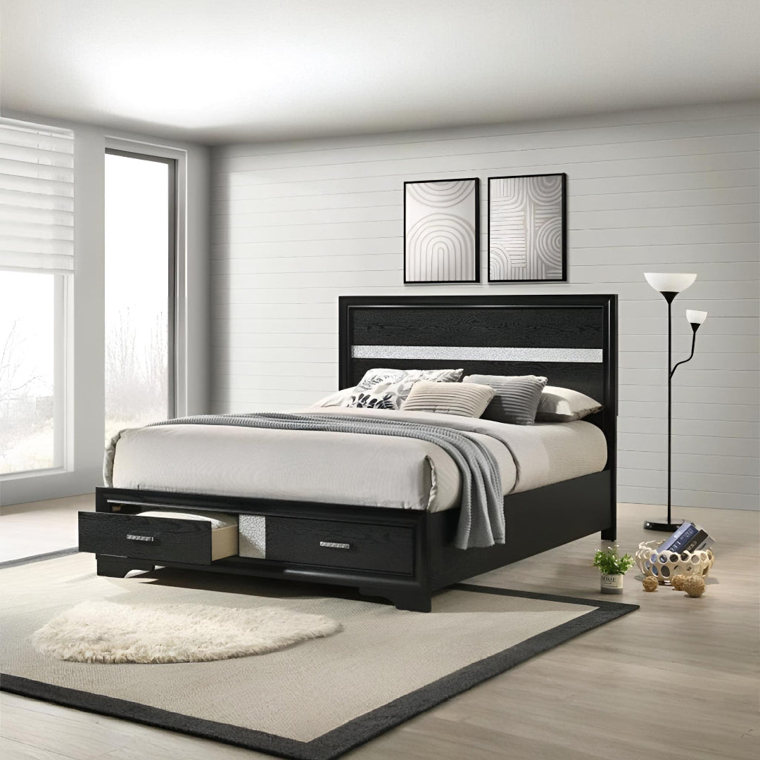 Dormitorio con plataforma de almacenamiento Miranda Black