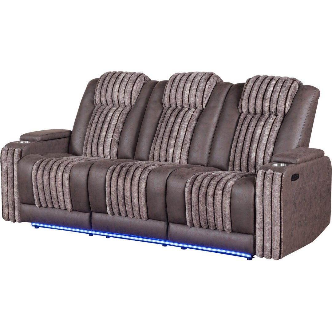 Brown U8000 power reclining sofa, angled view, with LED base lighting