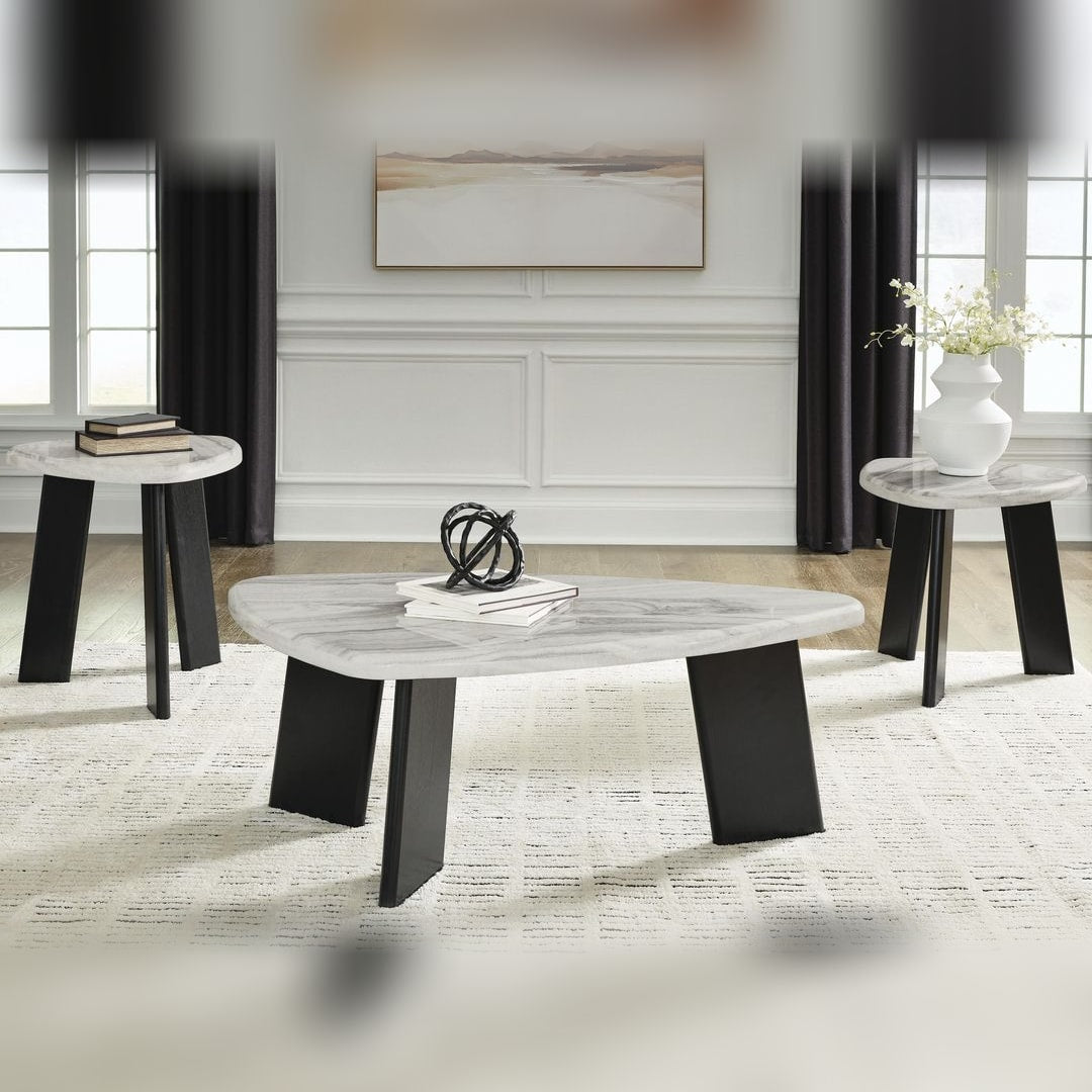 Lilyberg 3-piece table set styled in a living room, guitar-pick cocktail table flanked by two marble-top end tables