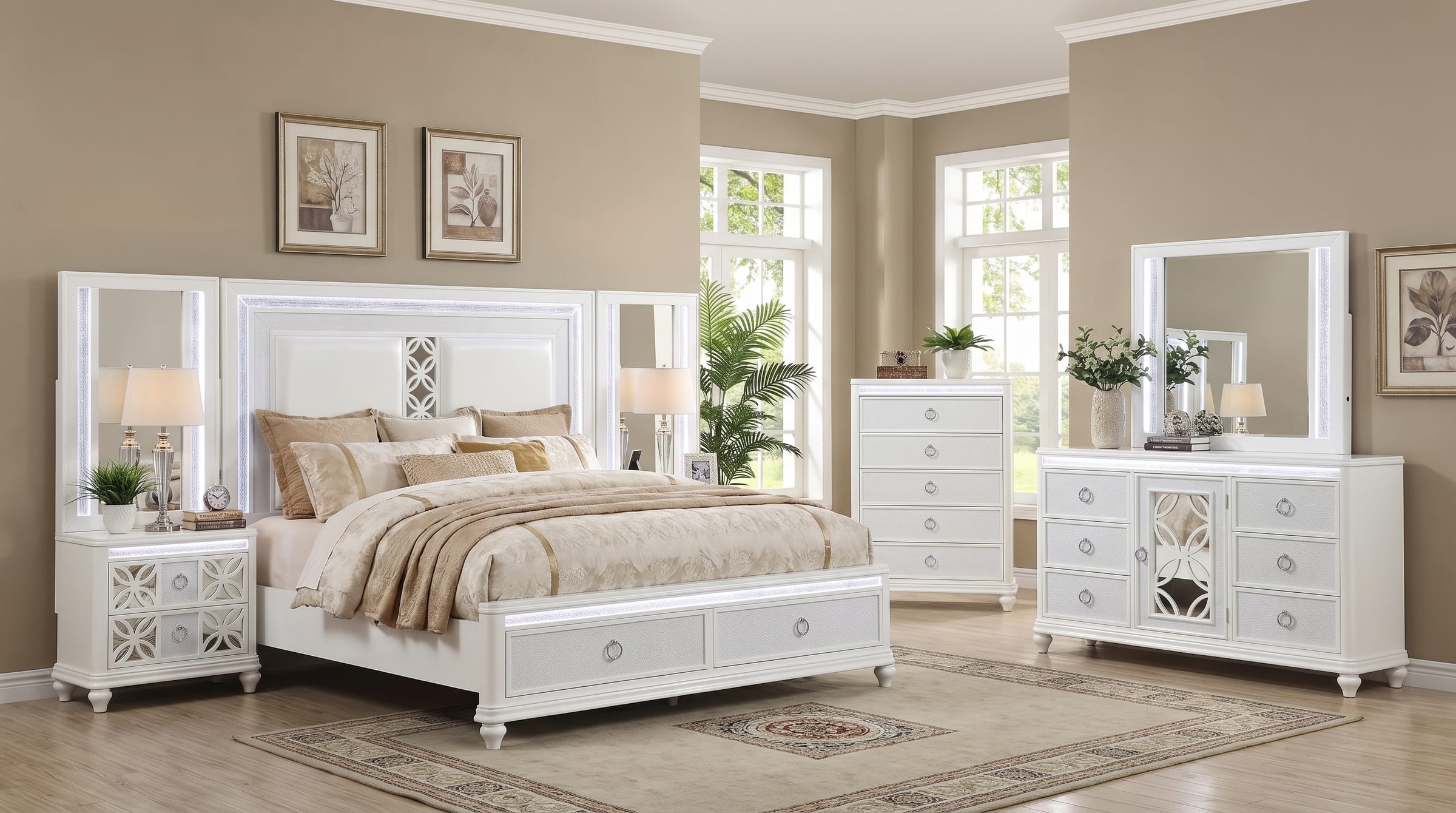 Abigale bedroom set in a styled bedroom showing the bed, nightstand with mirror, chest, and dresser with mirror
