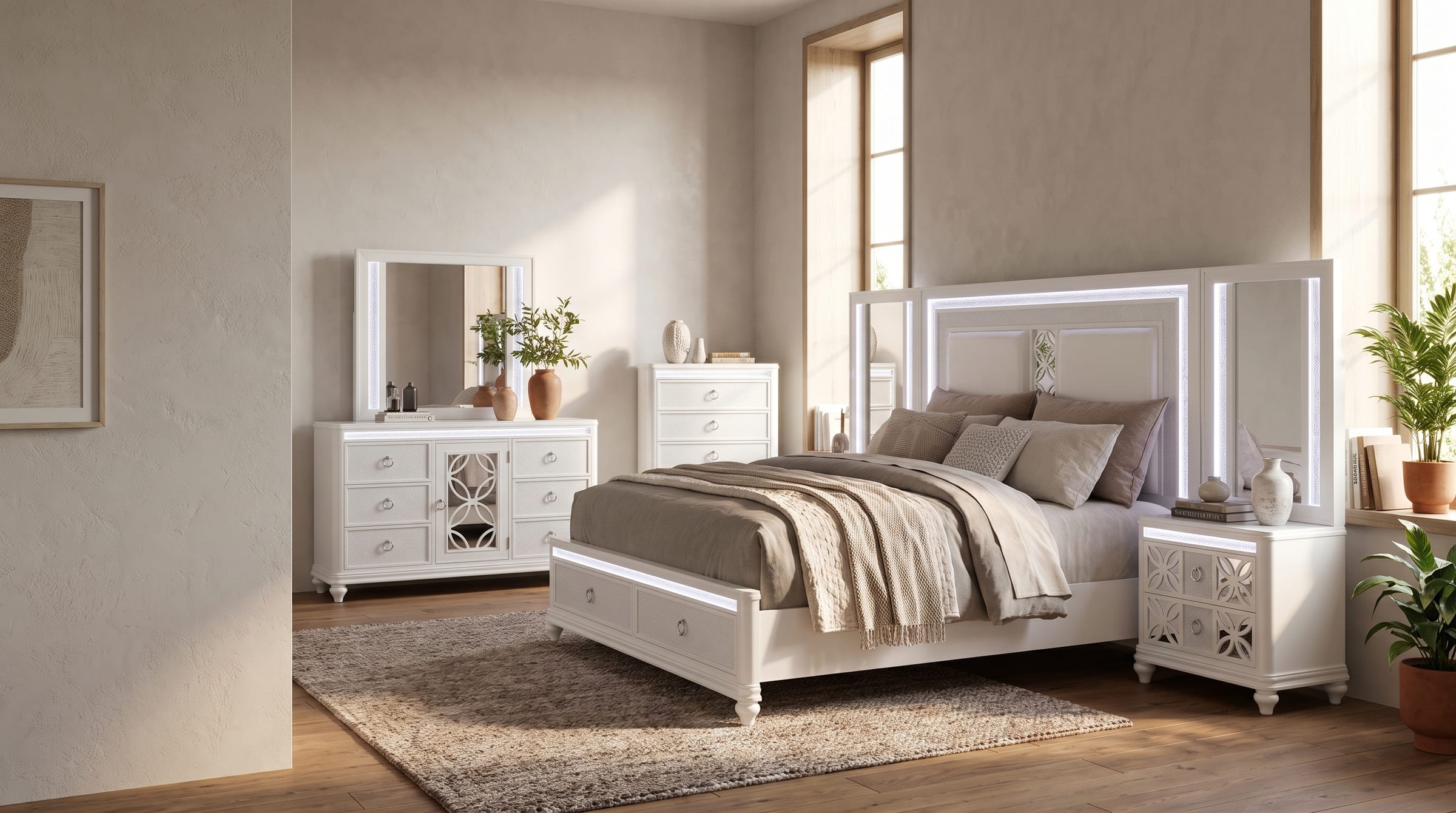 Abigale white bedroom set in a sunlit master bedroom, showing the nightstand with its mounted mirror, dresser with mirrored cabinet, and chest