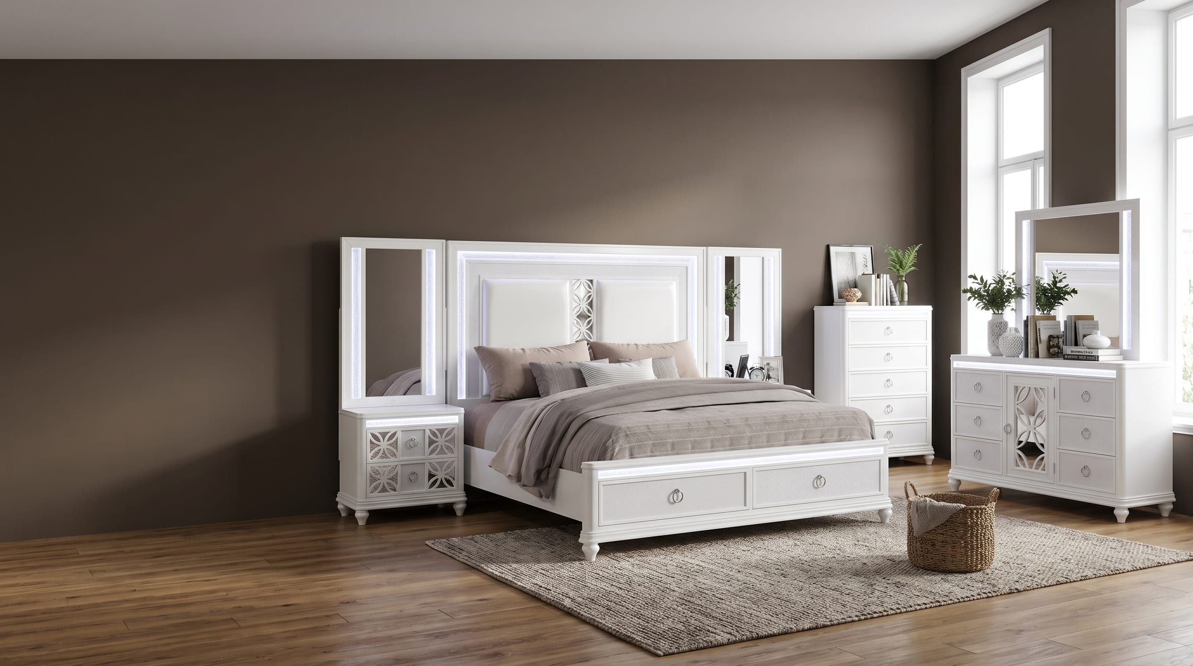Abigale bedroom set in crisp white lacquer with integrated LED lighting, staged against a deep mocha wall - illuminated headboard, mirror-top nightstand, storage footboard drawers, chest and mirrored dresser