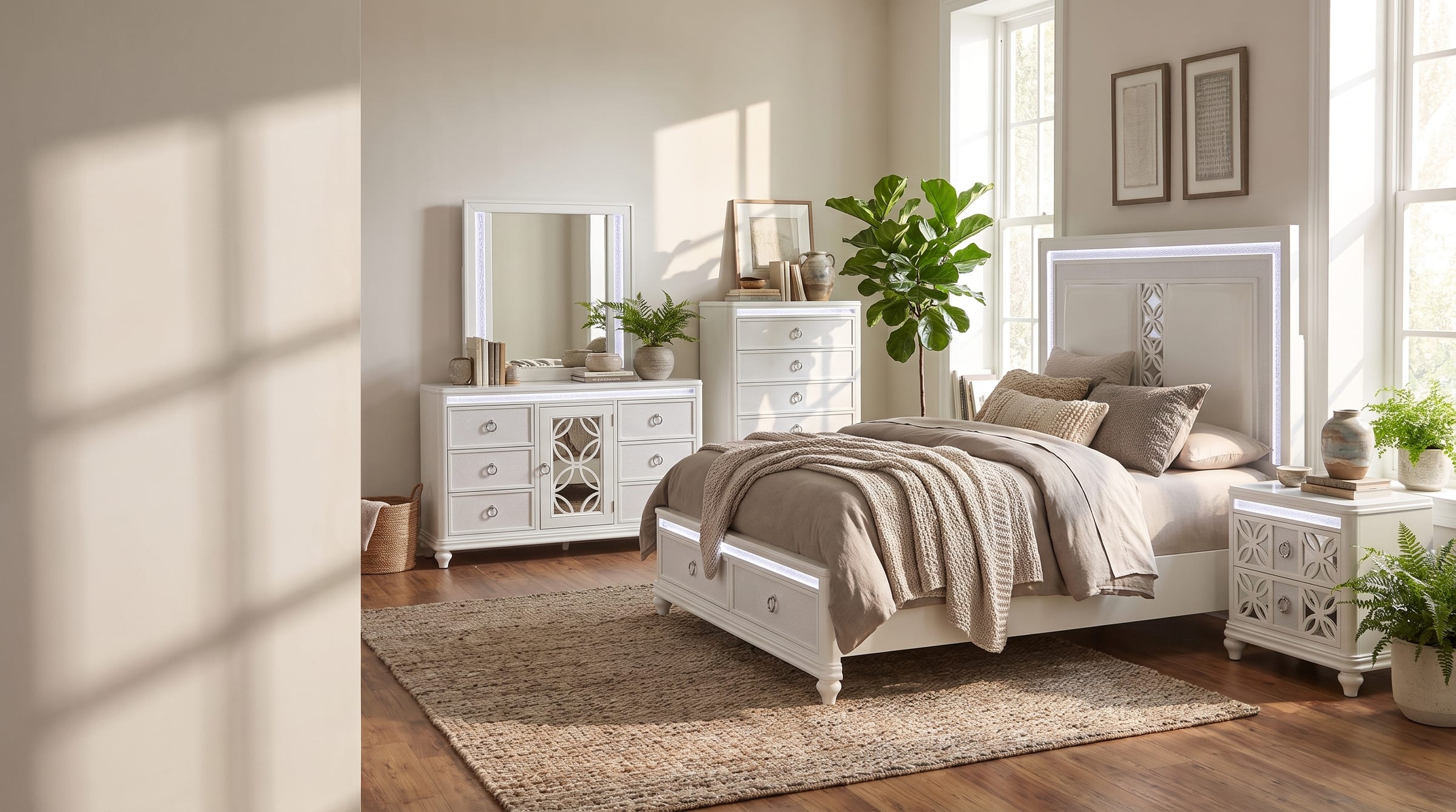 Abigale white bedroom set styled in a sunlit master bedroom with layered warm neutral bedding