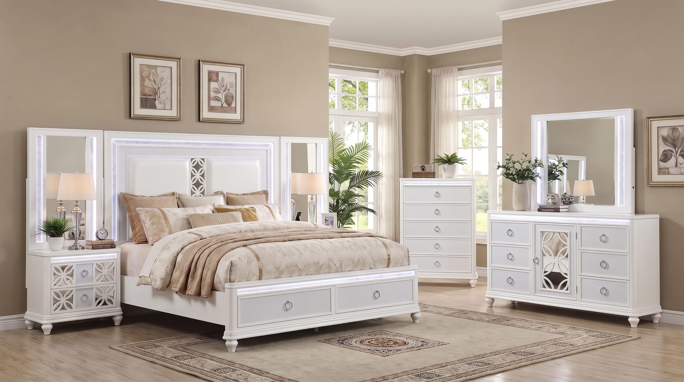The same Abigale bedroom set with the integrated LED lighting switched on - the headboard band, footboard rail, dresser and chest top rails and both mirror-top nightstands glowing cool white