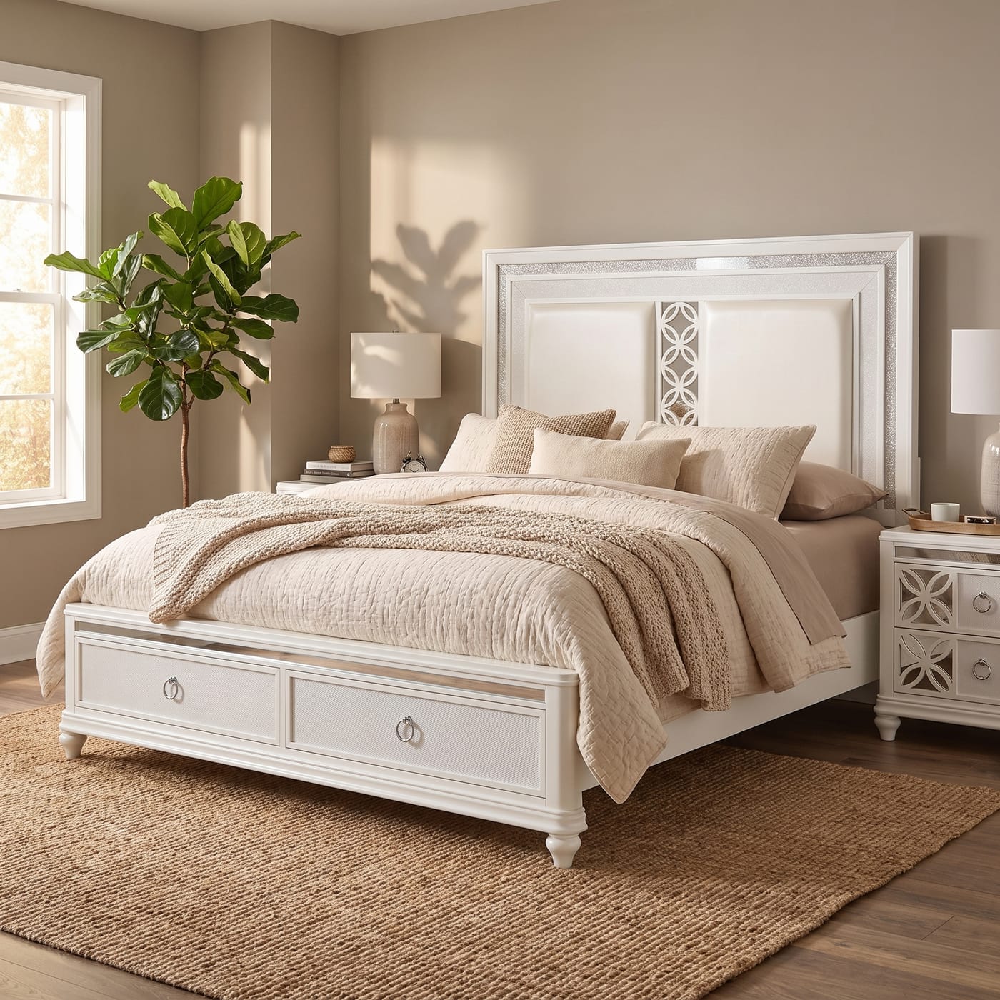 Styled corner of a warm bedroom featuring the Abigale white bed with layered bedding