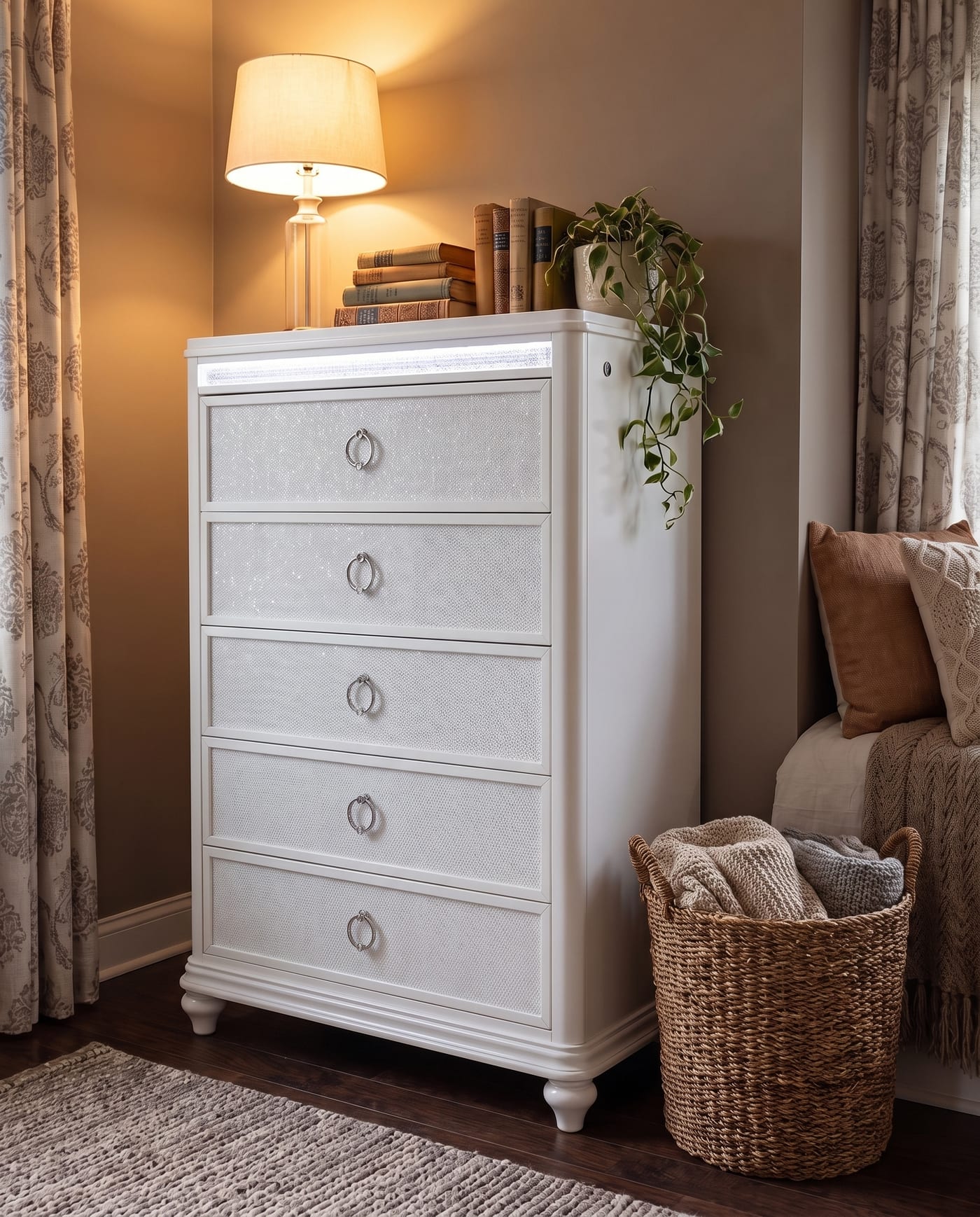 Abigale five-drawer chest with a lamp and books in a warmly lit bedroom corner