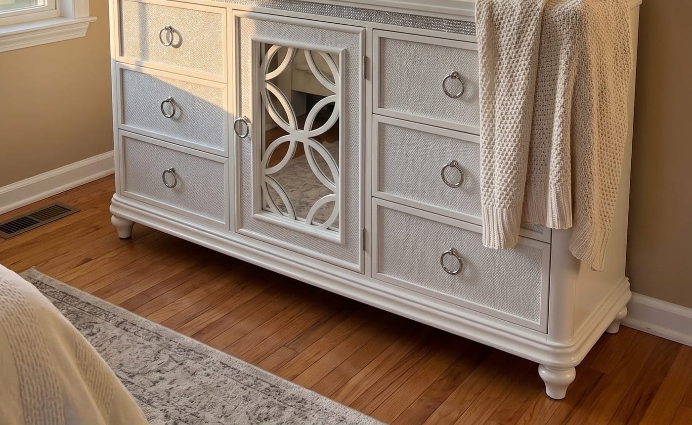 The Abigale dresser in a real bedroom - six drawers in a textured white finish flanking a mirrored circular-lattice cabinet door, chrome ring pulls and turned bun feet, with a knit throw over one end