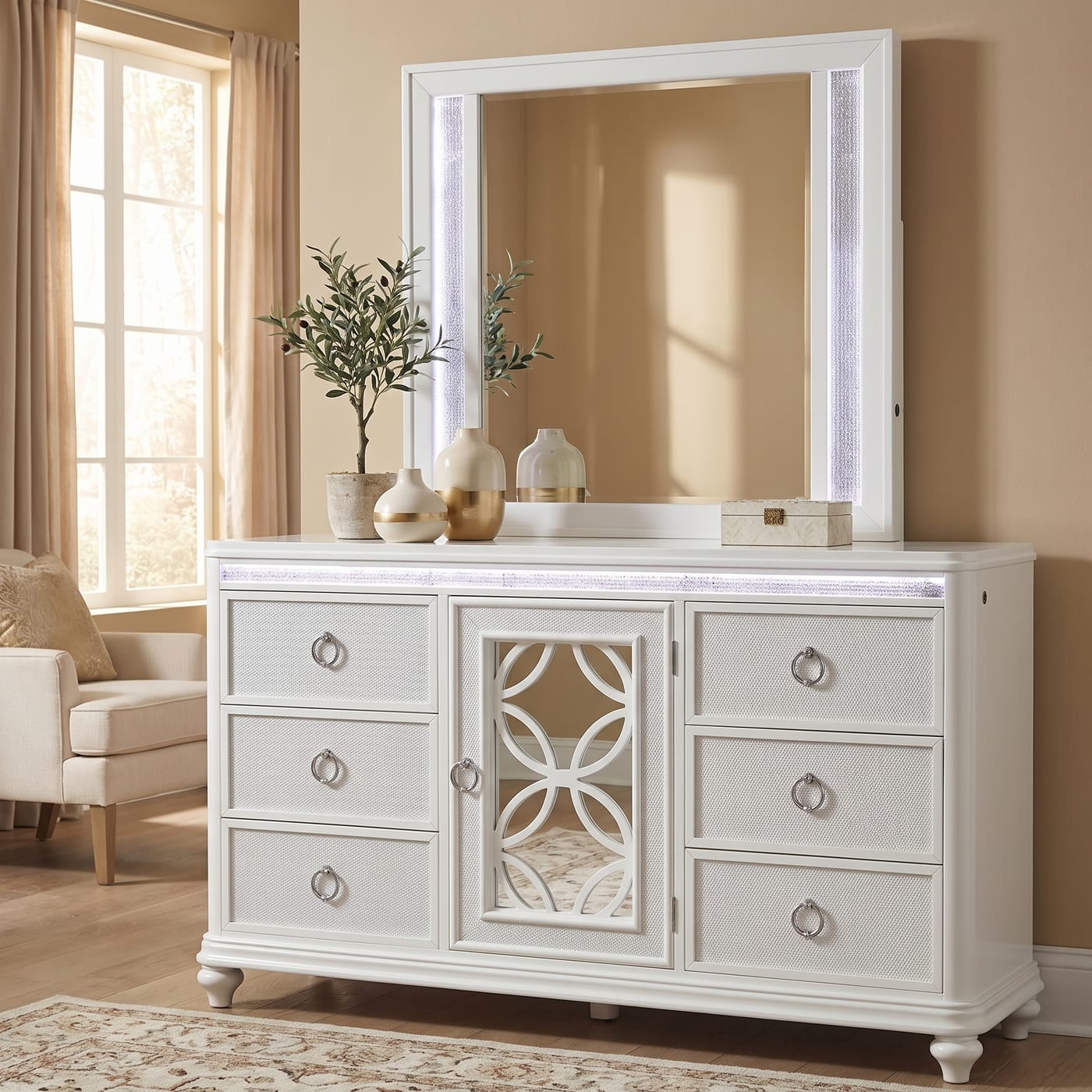Abigale framed mirror with crystal inlay side strips hung above the dresser in a warm bedroom