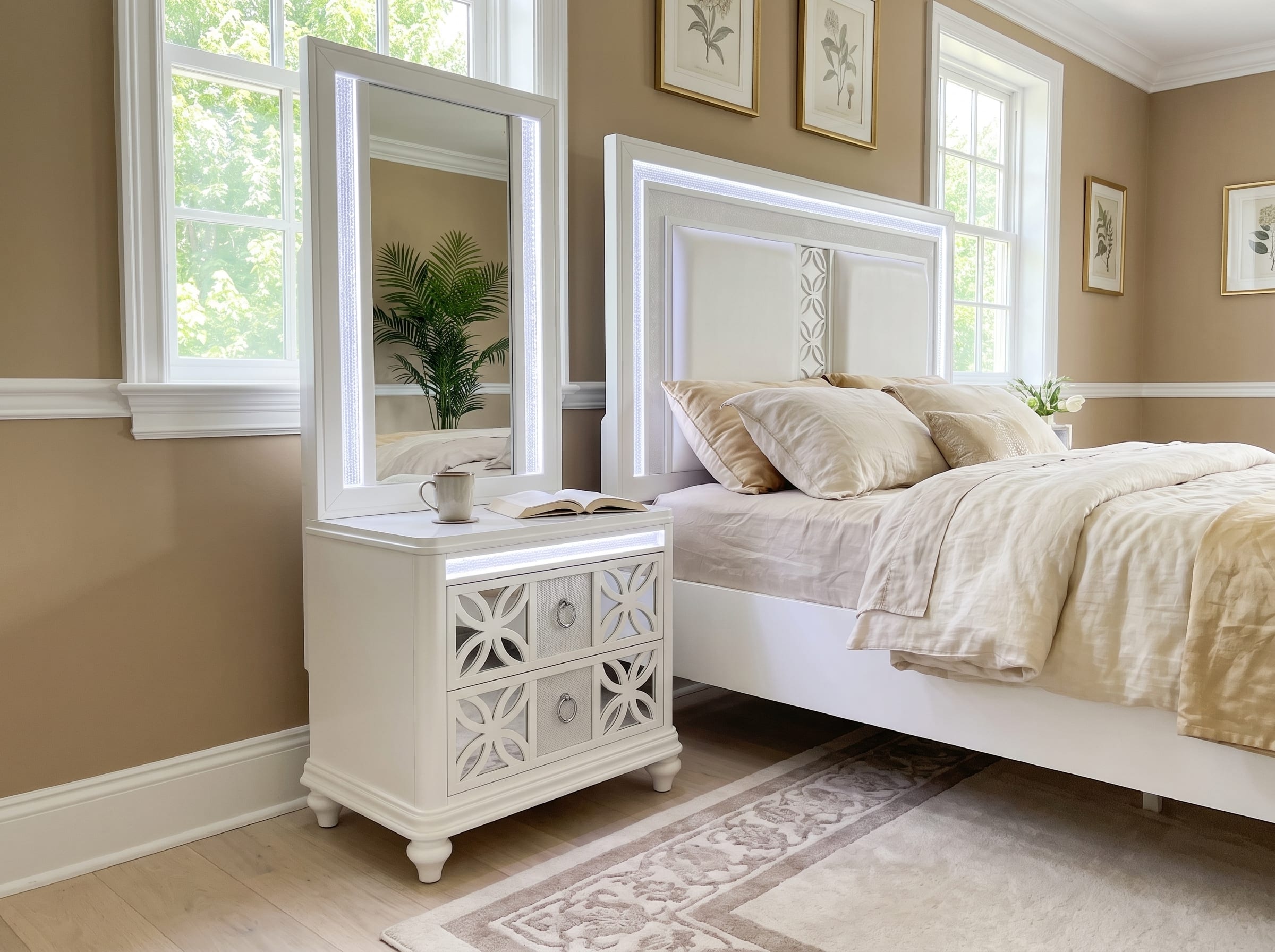 The Abigale mirror-top nightstand in a bedroom beside the matching Abigale panel bed, its illuminated headboard and lattice center inset visible behind the pillows