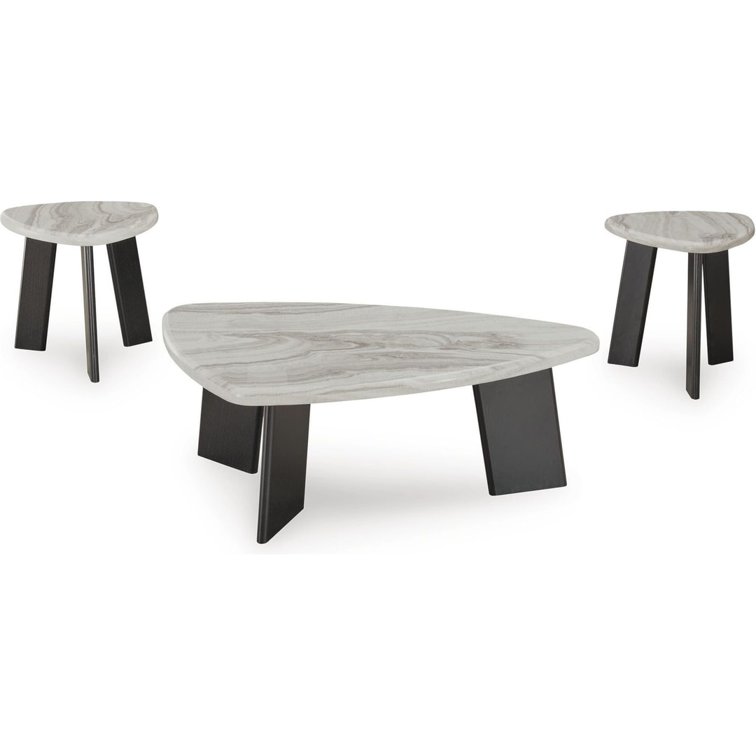 All three Lilyberg tables — guitar-pick cocktail table and two end tables — shown together on a white background