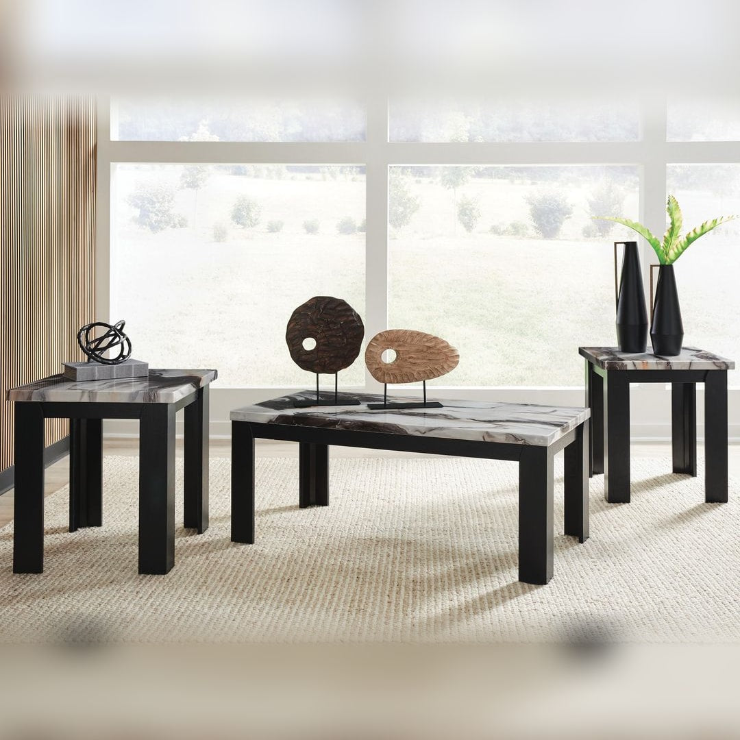 Jazmore 3-piece occasional table set styled in a bright living room, cocktail table flanked by two end tables