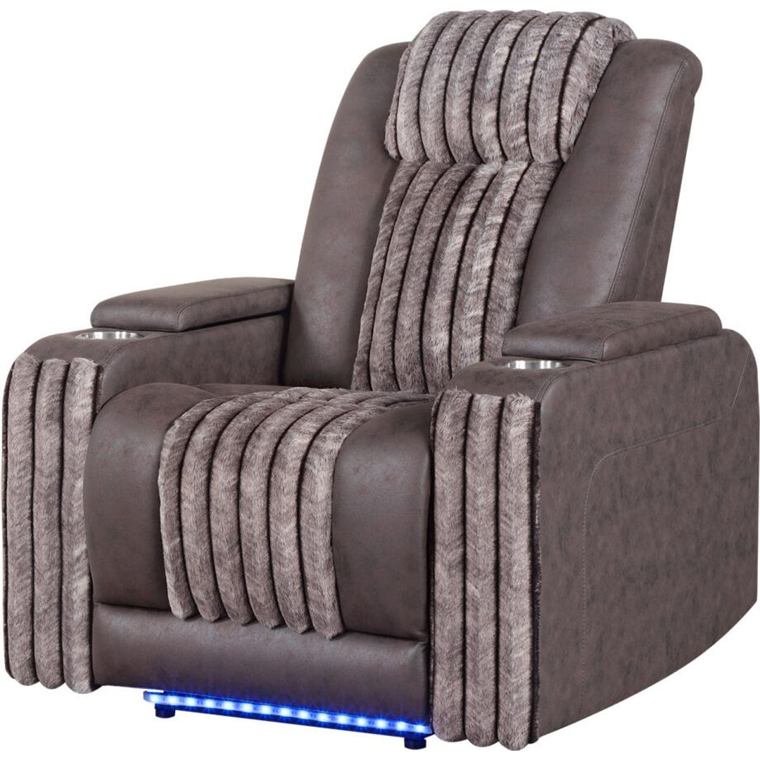 Brown U8000 power recliner, angled view, with corduroy stripe accents and LED base lighting