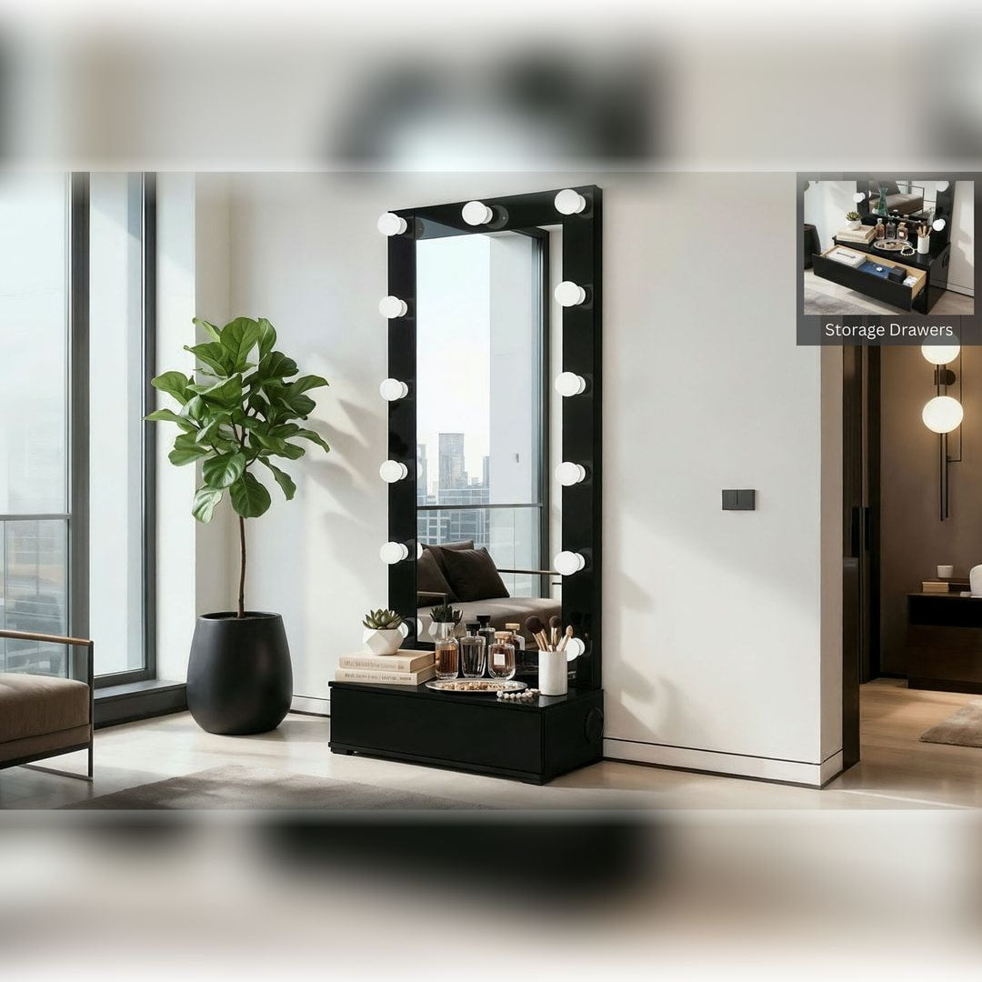 Ella black full-length floor mirror with LED globe lights in a modern apartment