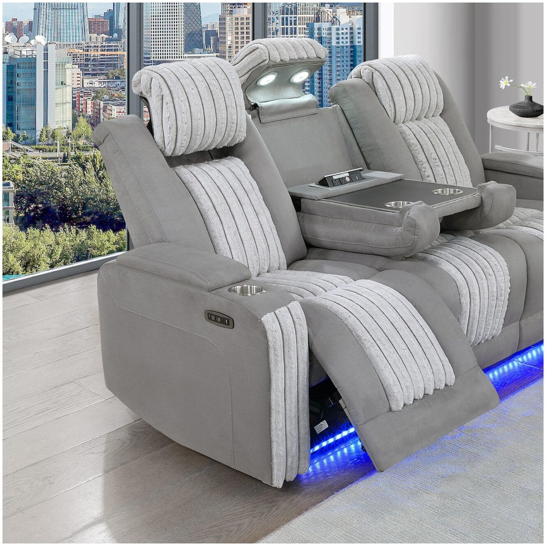 Gray U8000 power reclining sofa with a seat reclined, power headrests raised and the drop-down table open