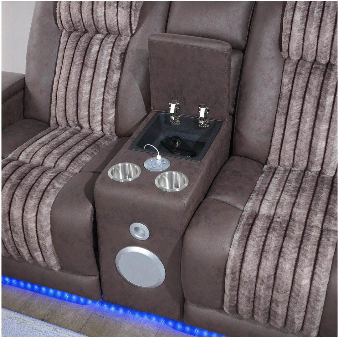 Brown U8000 loveseat console with lid open, cupholders and round speaker grille