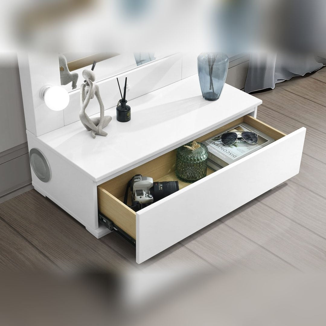 Ella white base with the storage drawer pulled out and the round built-in speaker on the side