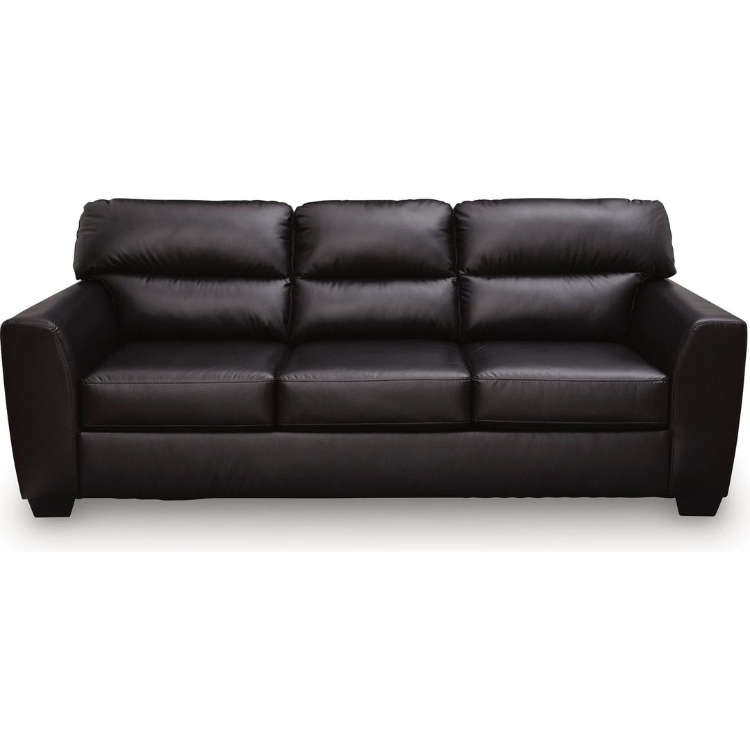 Gavello sofa in Midnight faux leather, straight-on front view showing the tailored back cushions