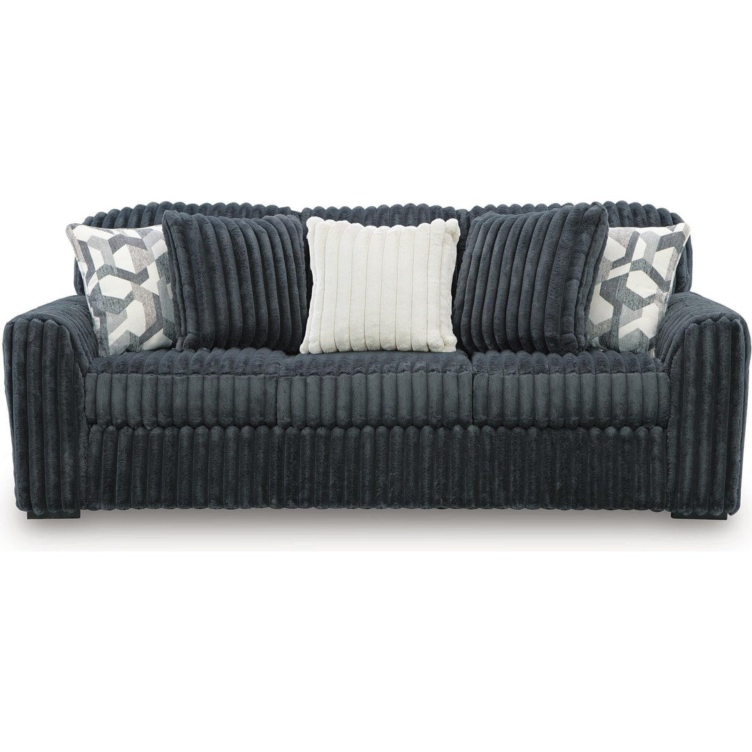 Midnight Madness sofa in Gunmetal jumbo corduroy, straight-on front view showing the wide-wale ribbing
